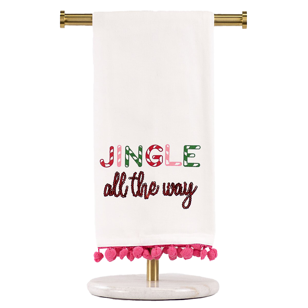 Viv! Christmas Kitchen Textiles - 'Jingle All The Way' Tea Towel with Pom-Poms - Cotton