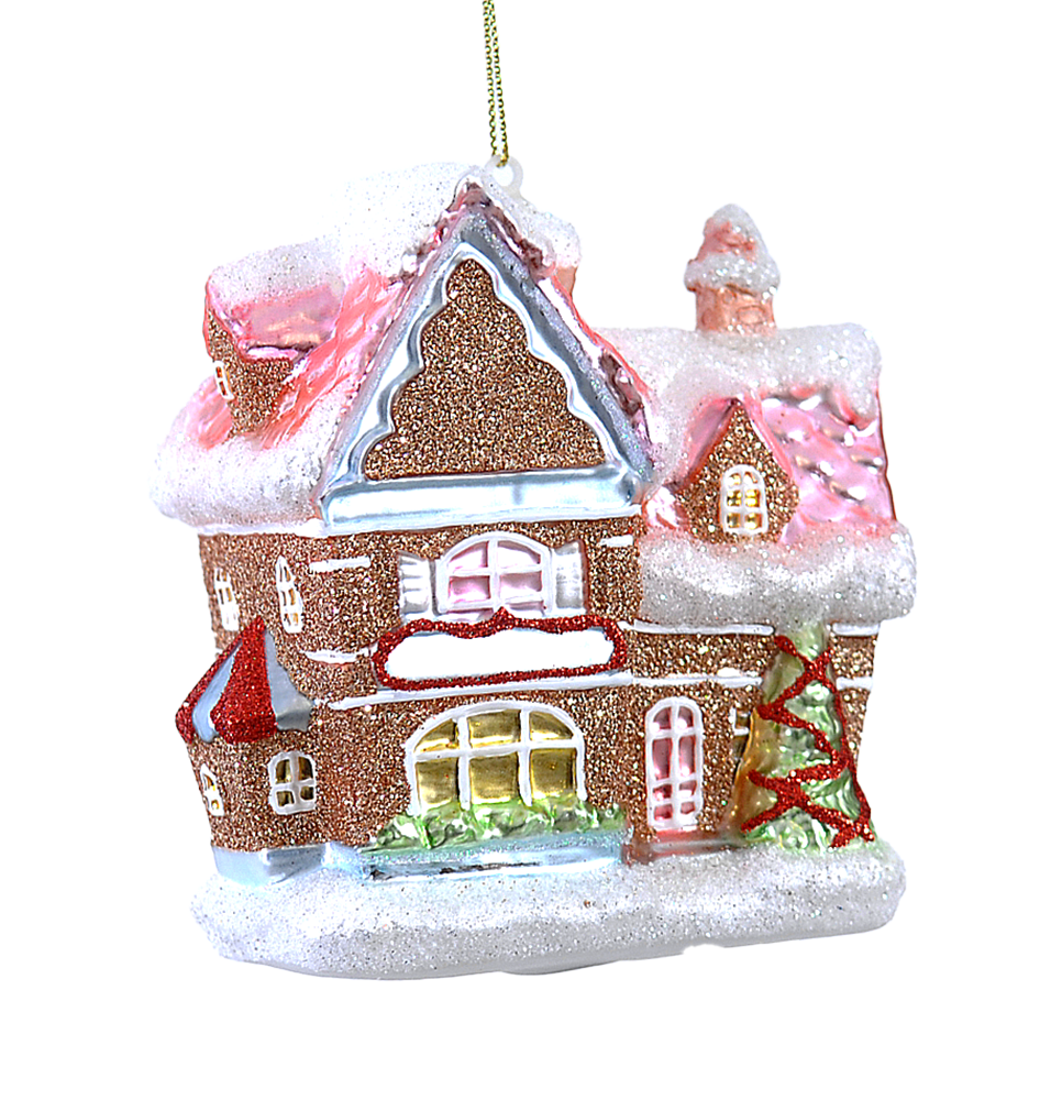 Viv! Christmas ornament - Gingerbread House - glass - pastel pink - 11cm