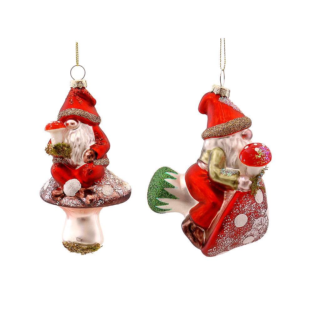 Viv! Christmas Kerstornament - Gnoom op Paddenstoel - set van 2 - glas - rood - 14cm