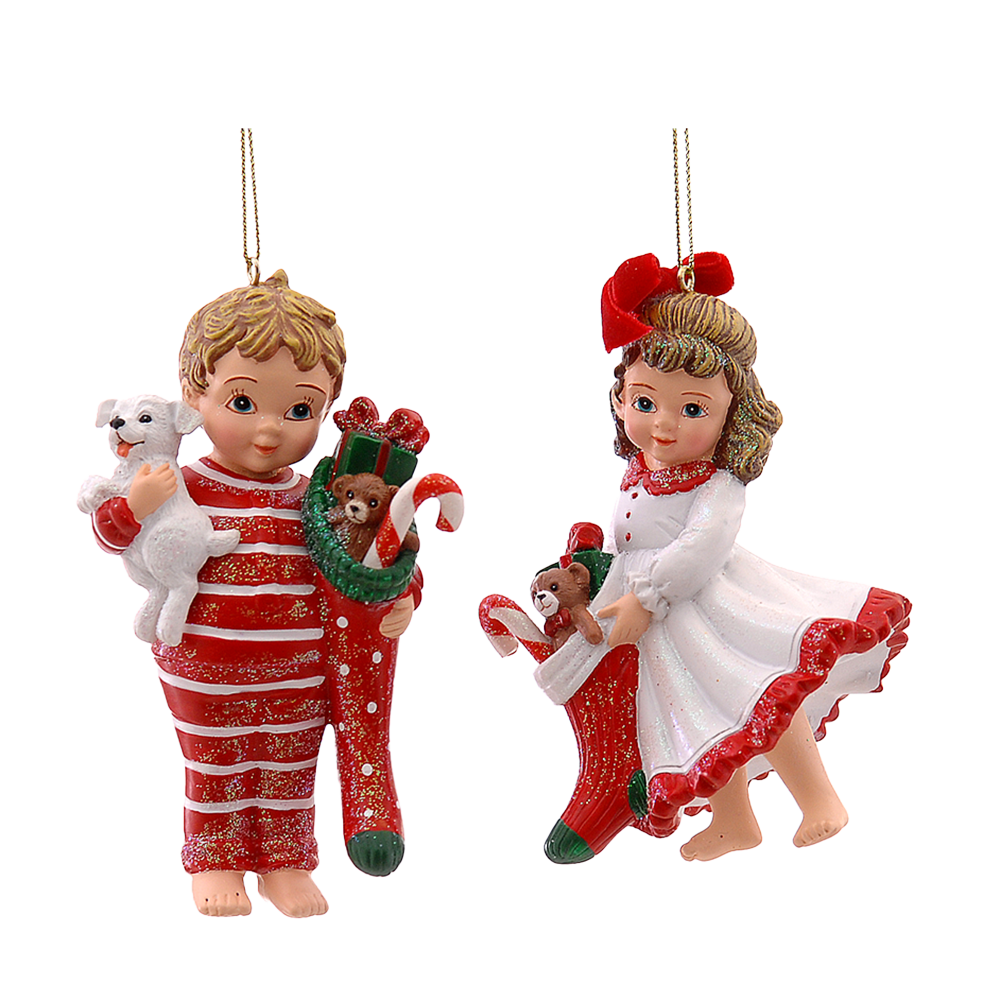 Viv! Christmas Kerstornament - Kinderen in Pyjama met Cadeautjes - set van 2 - rood - 10cm