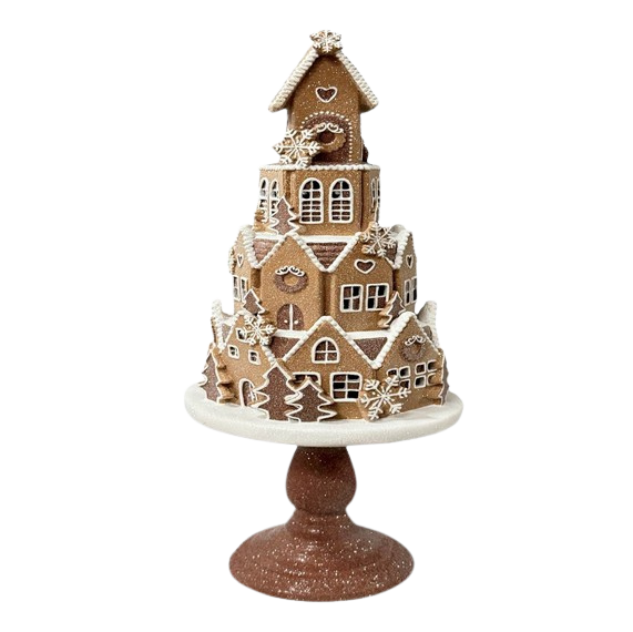 Viv! Christmas Tabletop Figure - Gingerbread House Cake on Pedestal w/ LED Lights - Brown - 60 cm
