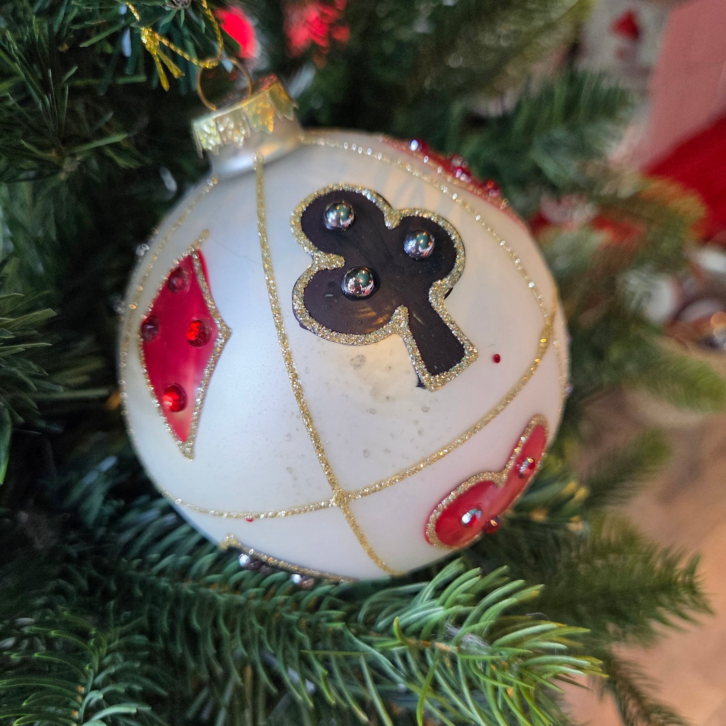 Viv! Christmas Bauble - Playing Cards Design with Gold Glitter Lines - set of 2 - glass - black red - Ø10cm