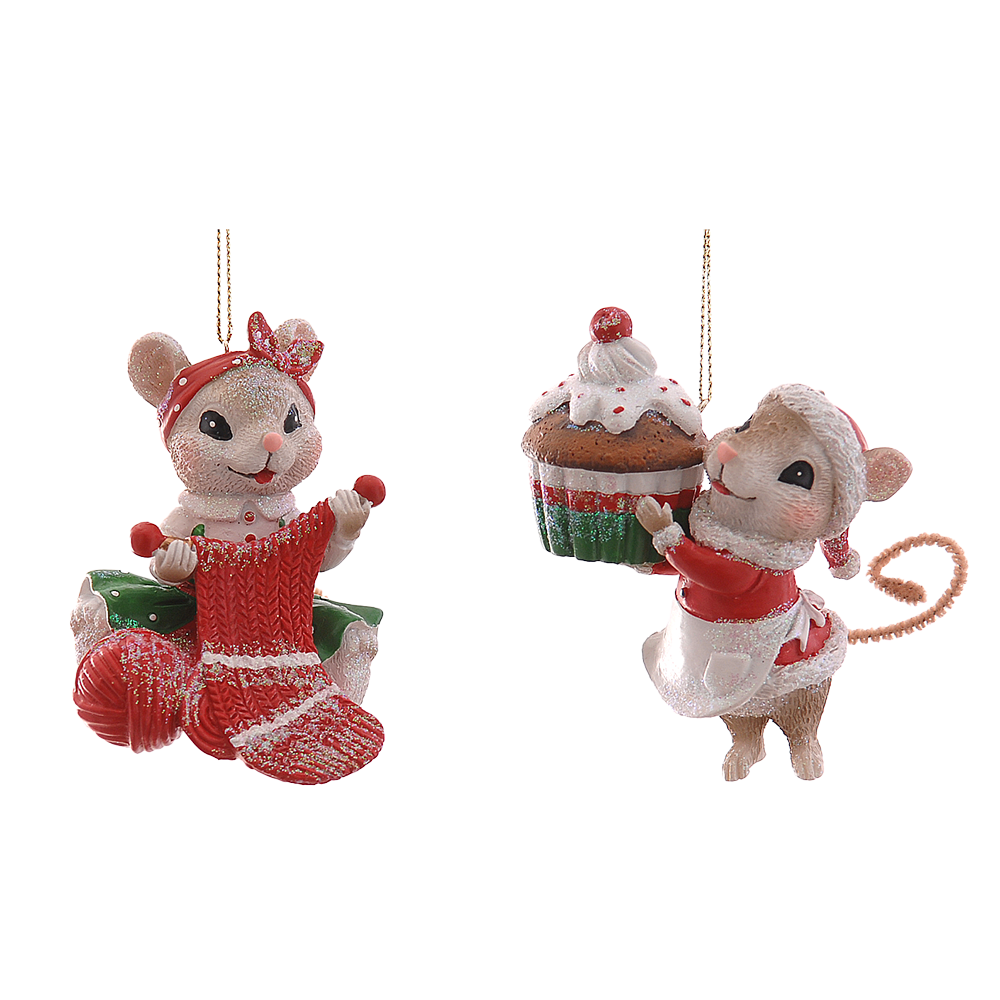 Viv! Christmas Kerstornament - Breiende & Bakkende Muis - set van 2 - rood - 9cm