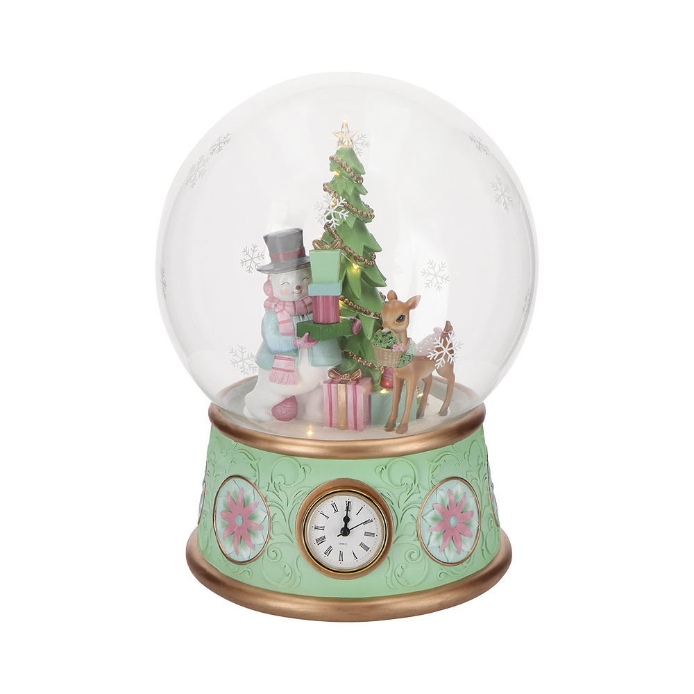 Viv! Christmas Kerstbeeld - Sneeuwpop & Hert bij Kerstboom incl. Klok en Muziek - pastel - groen roze - 40cm