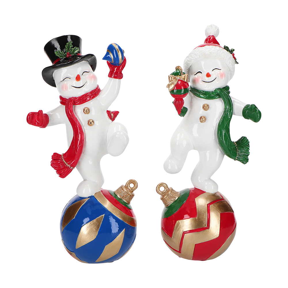 Viv! Christmas Kerstbeeld - Sneeuwpop op Kerstbal - set van 2 - rood blauw - 28cm