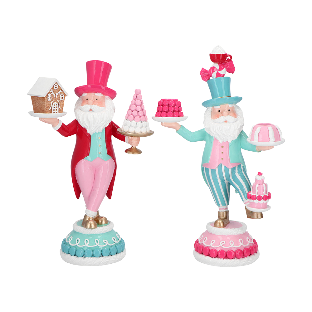 Viv! Christmas Kerstbeeld en Kandelaar - Kerstman met Taart en Snoep - set van 2 - 34 & 36cm