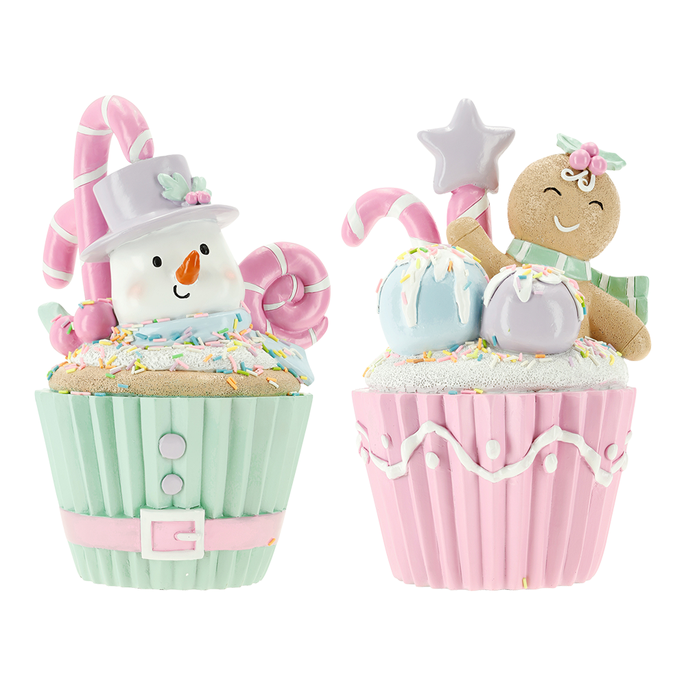 Viv! Christmas Weihnachtsfigur - Schneemann & Lebkuchenmann-Cupcake - 2er-Set - Rosa Grün - 25 cm