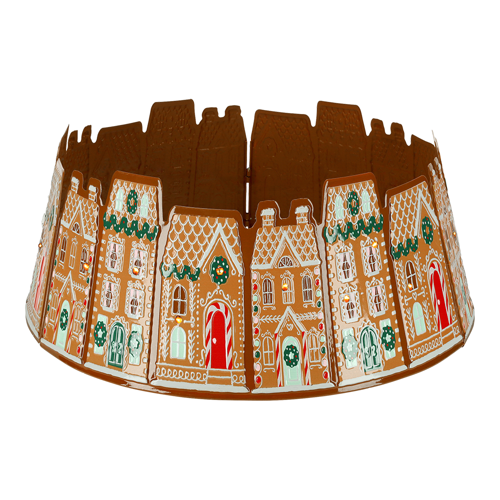 Viv! Christmas Luxury Christmas Tree Skirt - Gingerbread House Metal Tree Collar with LED Lights - Brown Red - Ø 65cm