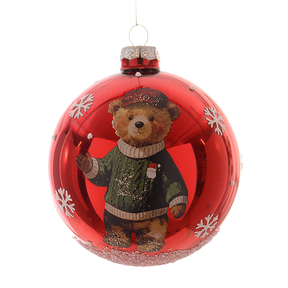 Viv! Christmas Bauble - Teddy Bear with Green Jumper - Glass - Red - Ø10 cm