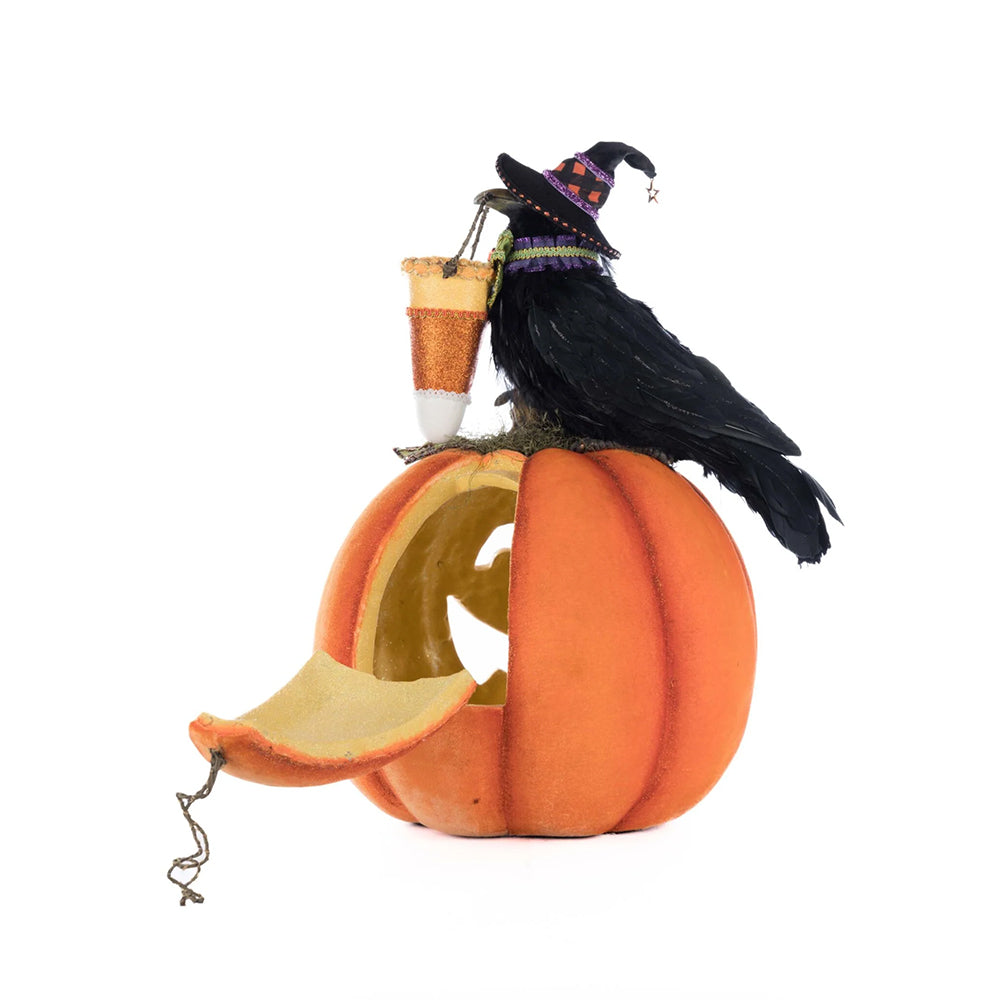 Katherine's Collection Halloween - Ghoulish Gathering - Crow with Pumpkin Tabletop w/ Tealight - 49cm