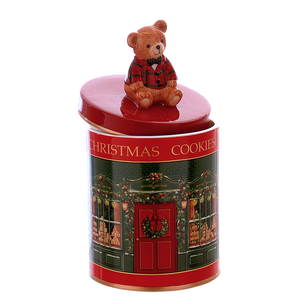 Viv! Christmas Kerstservies - Kerst Koektrommel met Beer - bewaarblik - rood groen - 18cm
