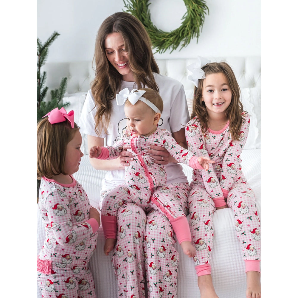 RuffleButts - Baby Girls' Zip-Up Christmas Pajamas - Dear Santa Pink - Bamboo Viscose