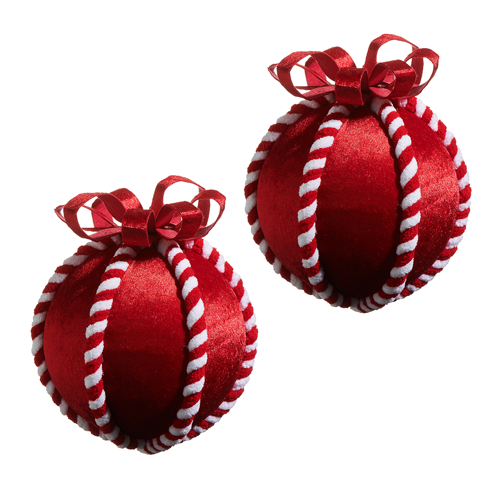 Viv! Christmas Kerstbal - Fluwelen Pepermunt Snoep Bal met Strik - set van 2 - rood wit - Ø12cm