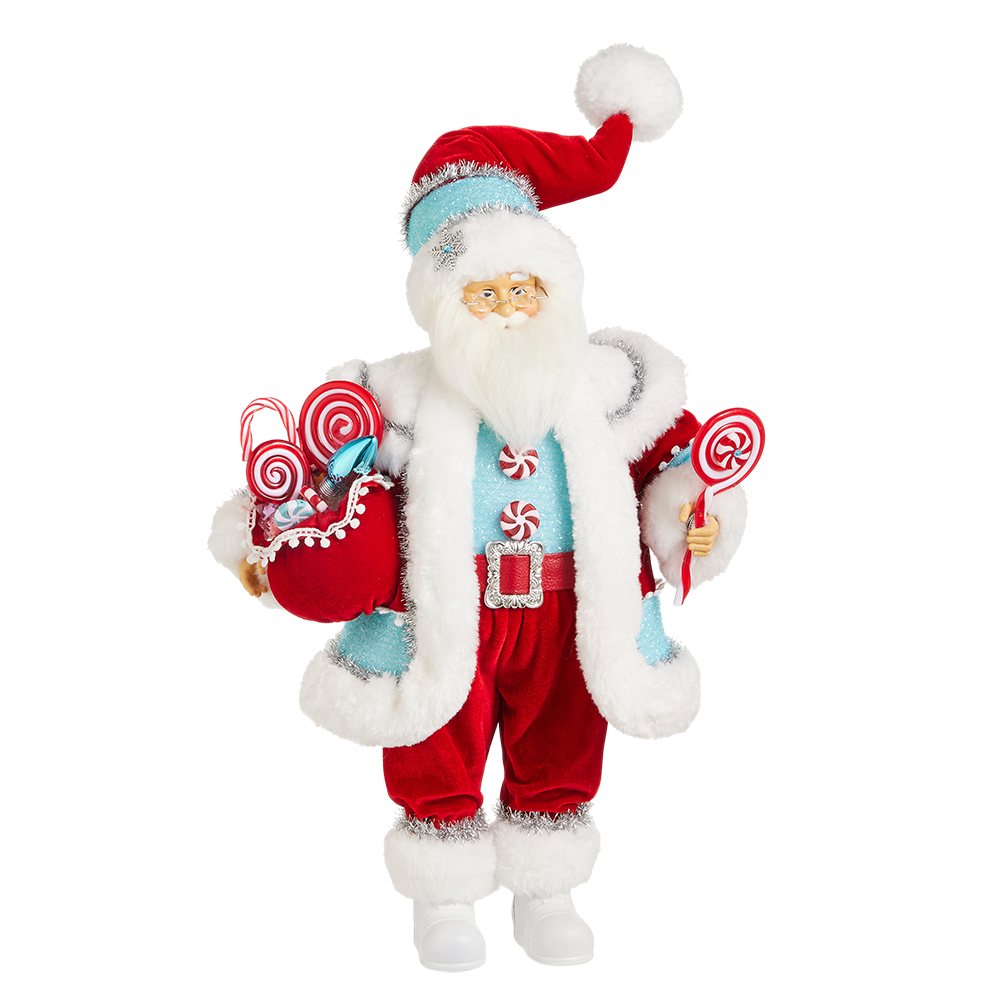 Viv! Christmas Kerstbeeld - Pepermunt Snoep Kerstman Pop - blauw rood - 46cm