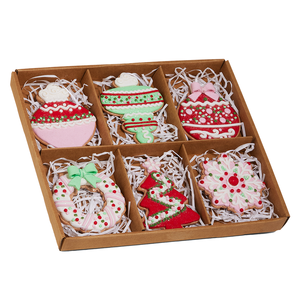 Viv! Christmas Ornament - Box of Gingerbread Cookies - Set of 6 - Pink Green Red - 12 cm