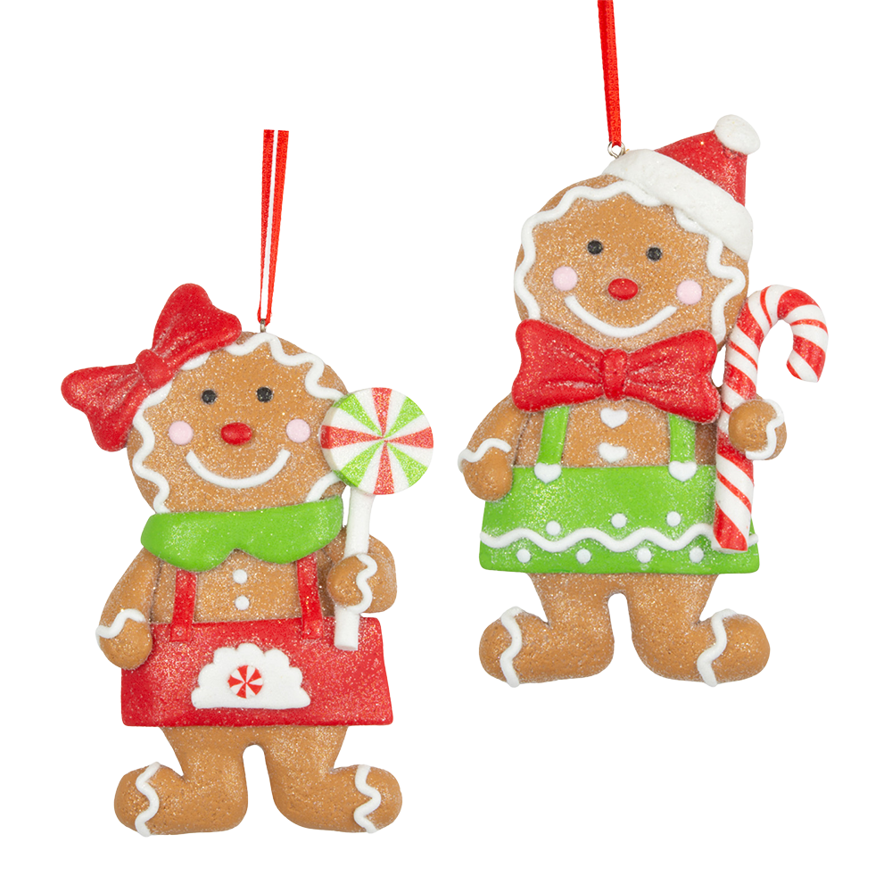 Viv! Christmas Kerstornament - Gingerbread Poppetjes met Snoep - set van 2 - bruin rood groen - 11cm
