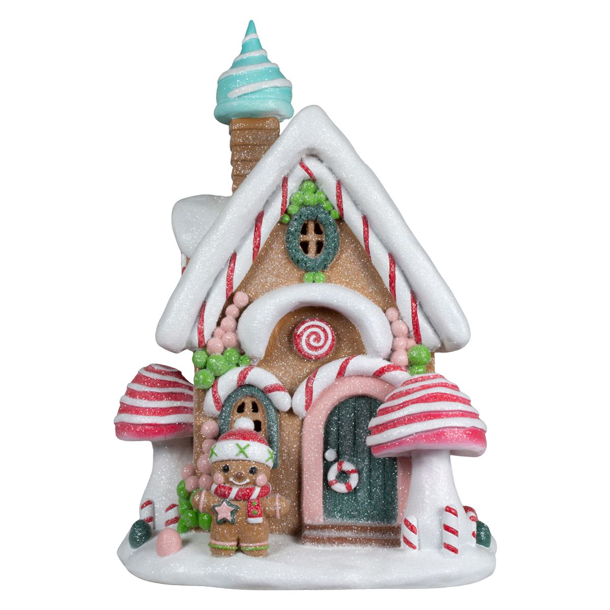 Viv! Christmas Kerstbeeld - Gingerbread Paddenstoel Huis incl. LED Verlichting - rood roze blauw - 30cm