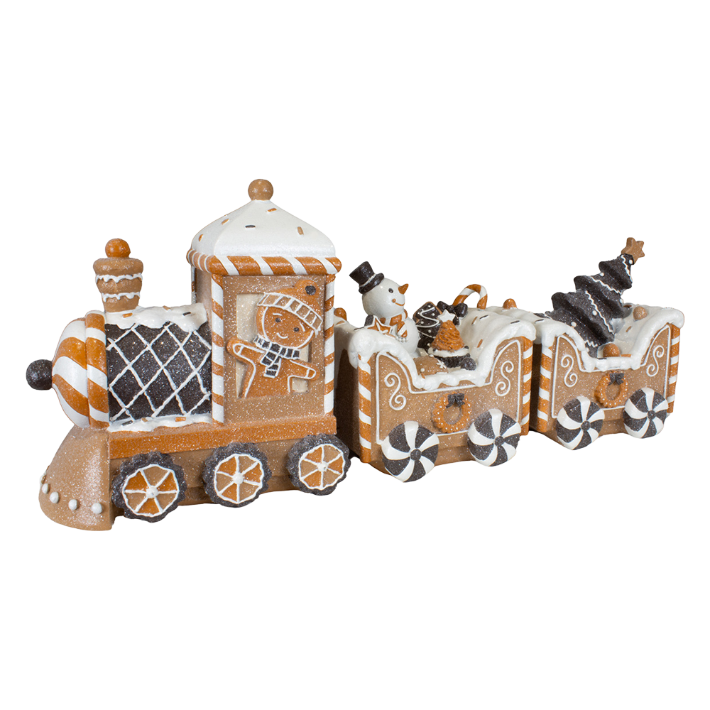 Viv! Christmas Kerstbeeld - Gingerbread Trein met Sneeuwpop - bruin wit zwart - 45x19cm