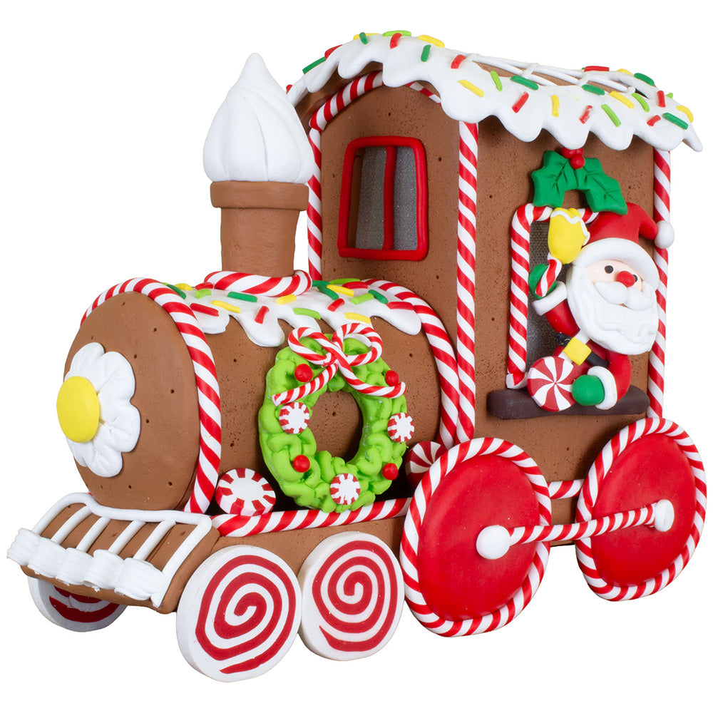 Viv! Christmas Weihnachtsfigur - Weihnachtsmann Lebkuchen-Zug mit LED-Beleuchtung - Rot Braun - 18 cm