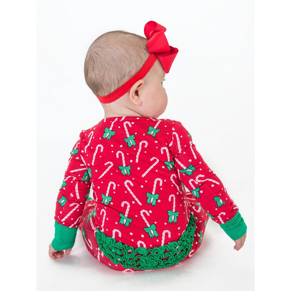 RuffleButts - Baby Girls' Zip-Up Christmas Pajamas - Candy Cane - Bamboo Viscose