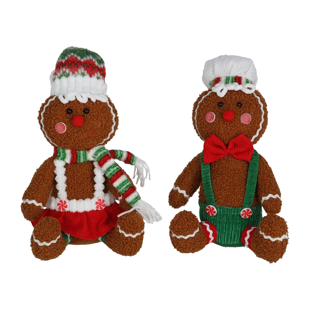 Viv! Christmas Kerstbeeld - Zittende Gingerbread Pop van Stof - set van 2 - bruin rood groen - 36cm