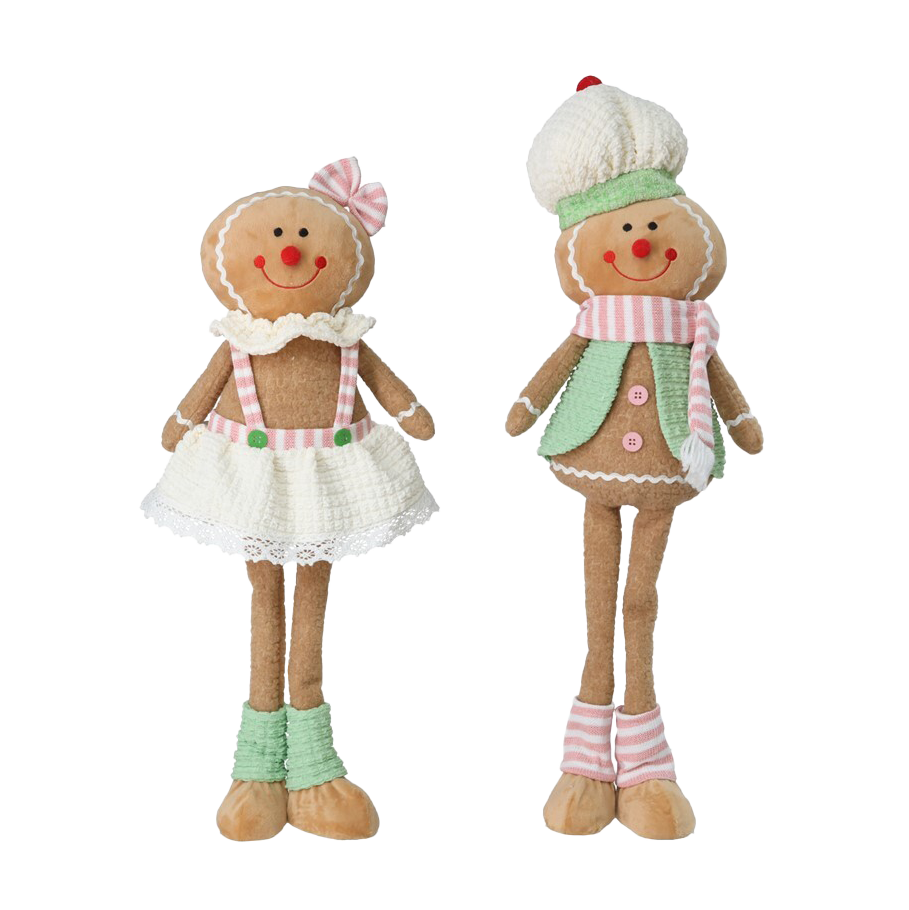 Viv! Christmas Kerstbeeld - Gingerbread Pop van Stof met Lange Benen - set van 2 - pastel - roze groen - 60cm