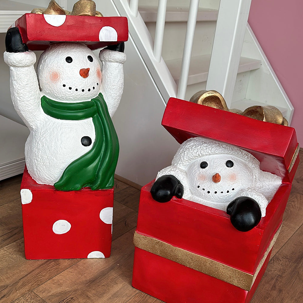 Viv! Christmas Display - Snowman peeks out of giftbox - suitable for outdoors - red white - 51cm