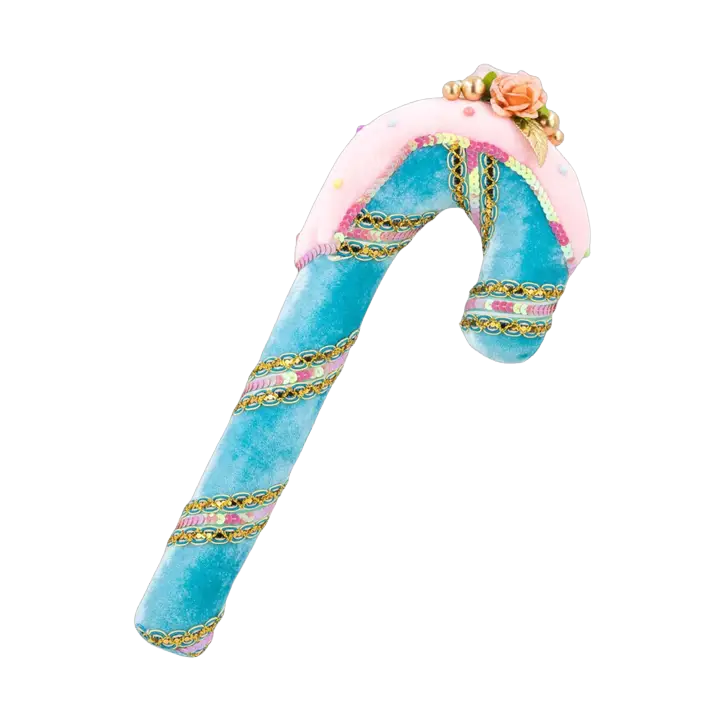 December Diamonds Christmas Ornament - Candy Cane with Flowers - Blue Pink - 38 cm