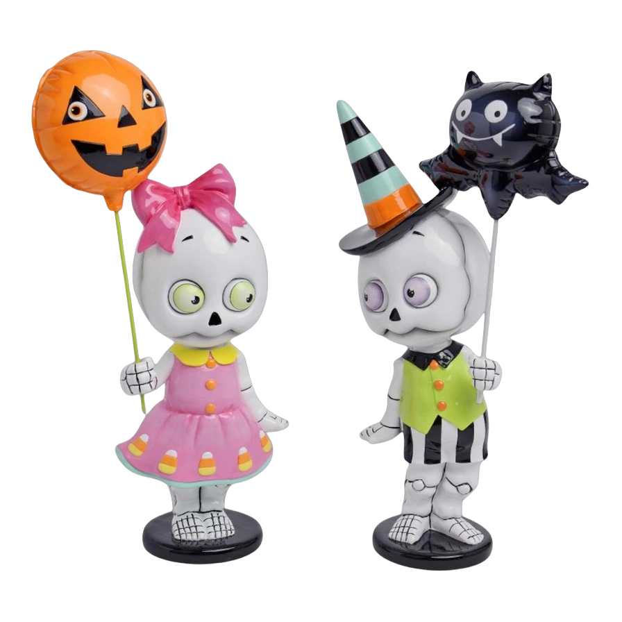 December Diamonds Halloween Decoratie - Skelet Kinderen met Ballonnen - set van 2 - 34cm