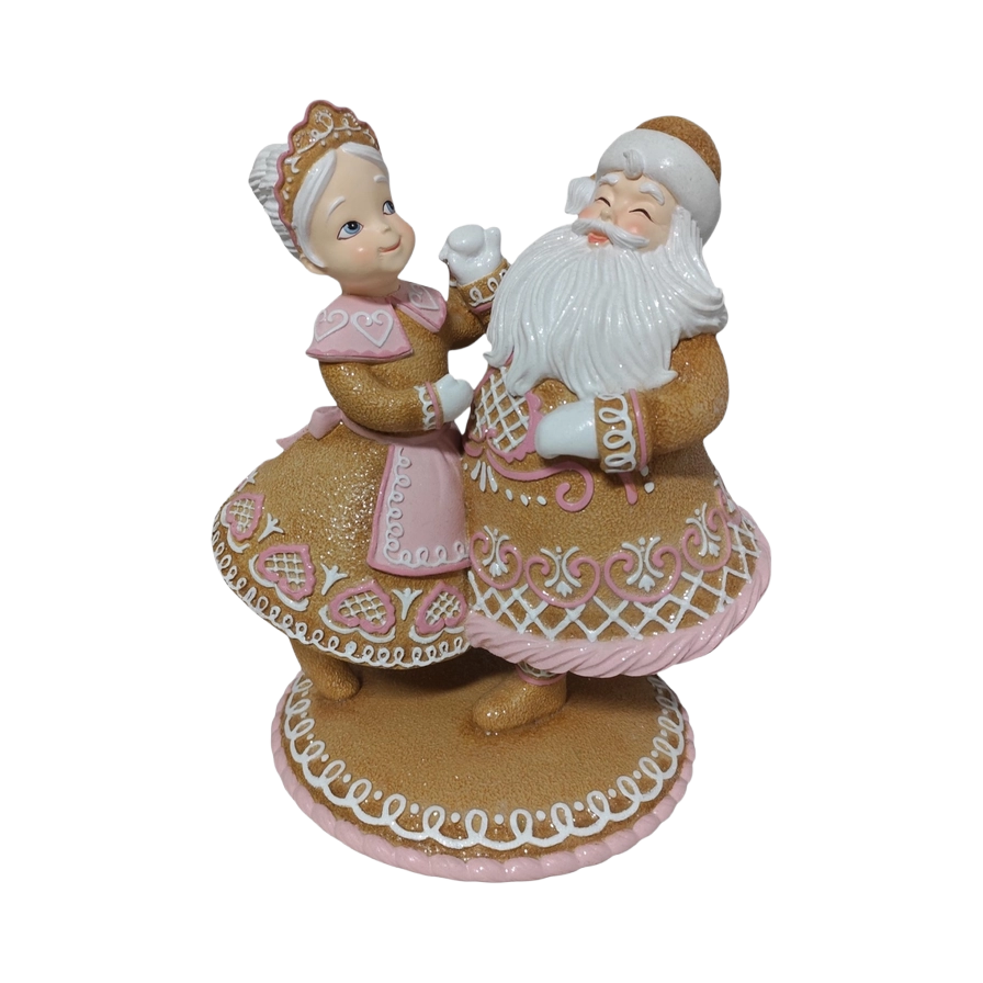 December Diamonds Christmas Tabletop Figure - Dancing Gingerbread Mr. & Mrs. Claus - Brown White Pink - 33 cm