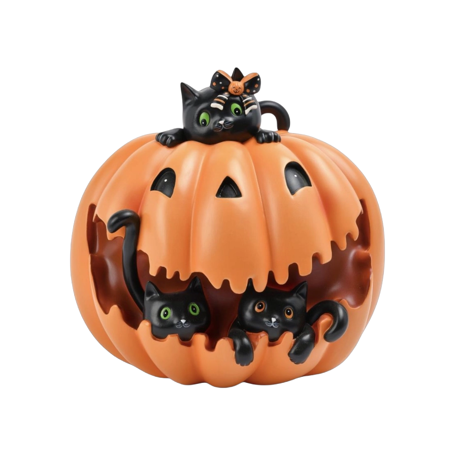 December Diamonds Halloween Decoratie - Zwarte Katten in Jack-O-Lantern Pompoen - 28cm