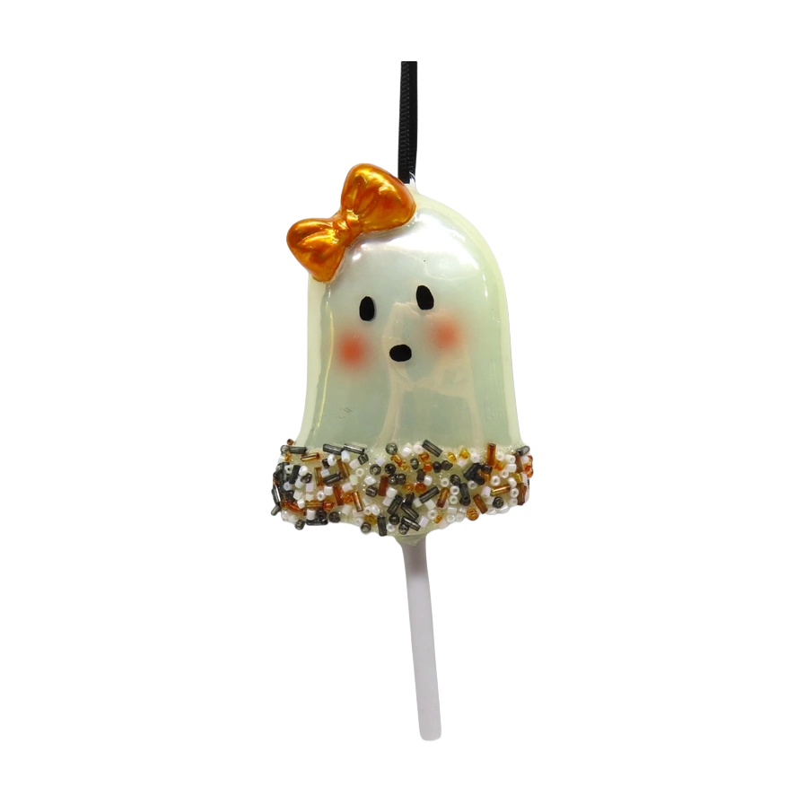 December Diamonds Halloween Decor - Ghost Lollipop with Bow Ornament - Glass - 14cm