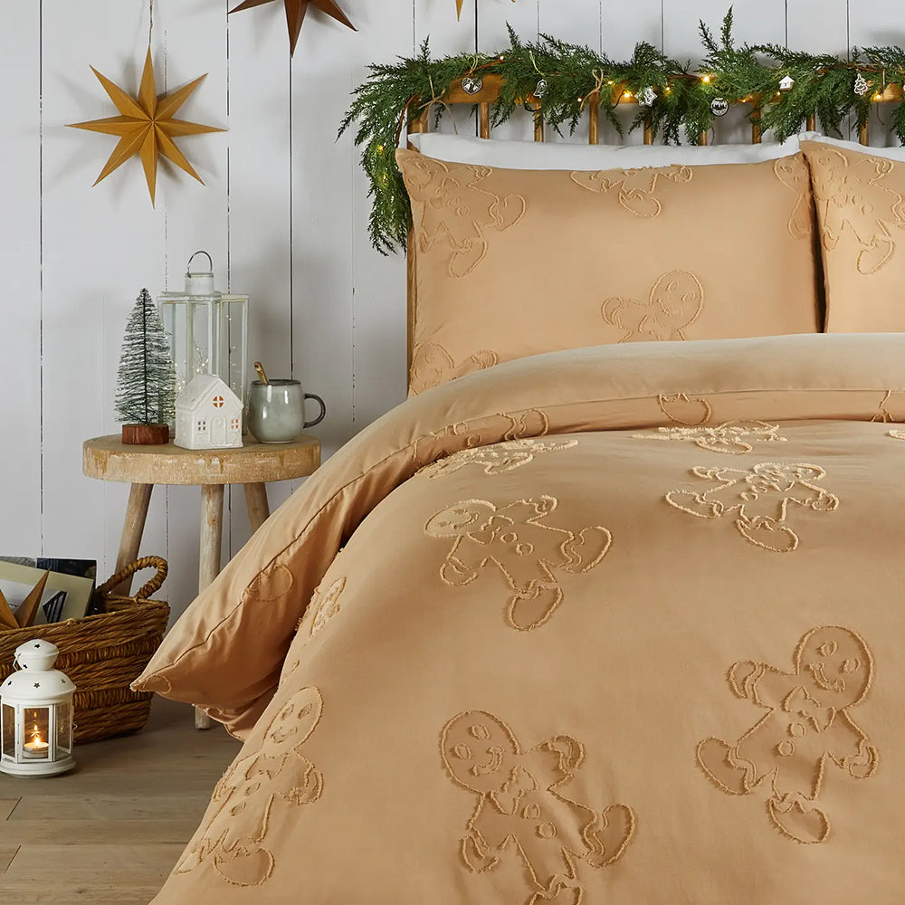 Viv! Christmas Duvet Cover - Tufted Gingerbread Man - Soft Touch - Brown