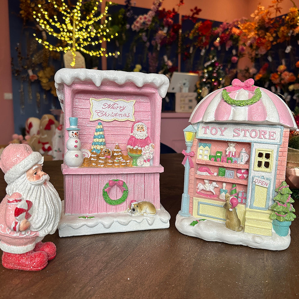 Viv! Christmas Kerstbeeld - Speelgoed Winkel met Hond - pastel roze - 22cm