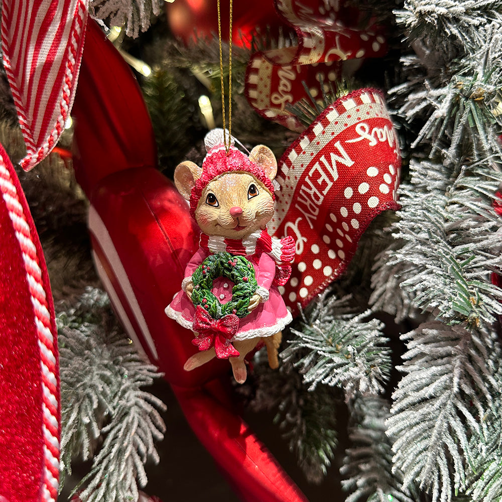 Viv! Christmas Kerstornament - Muis met Kerstkrans - roze wit bruin - 8cm