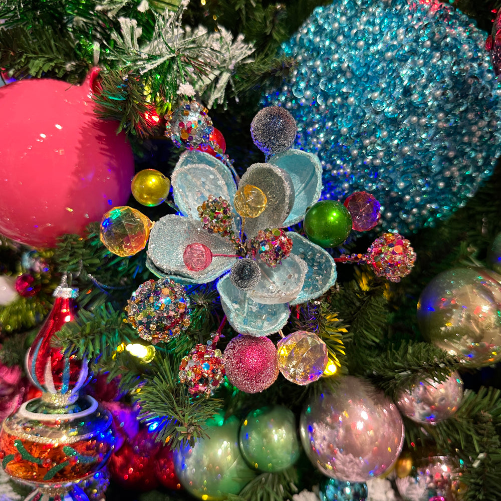 Viv! Christmas Pick - Magnolia Flower w/ Coloured Jewels - Blue - 34 cm