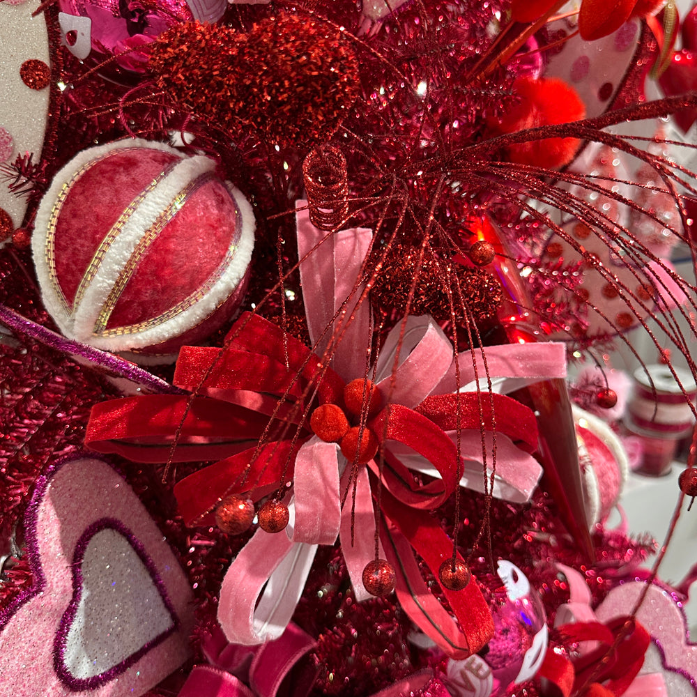 Viv! Christmas Pick - Velvet Flower w/ Pom Poms - Pink Red - 53 cm