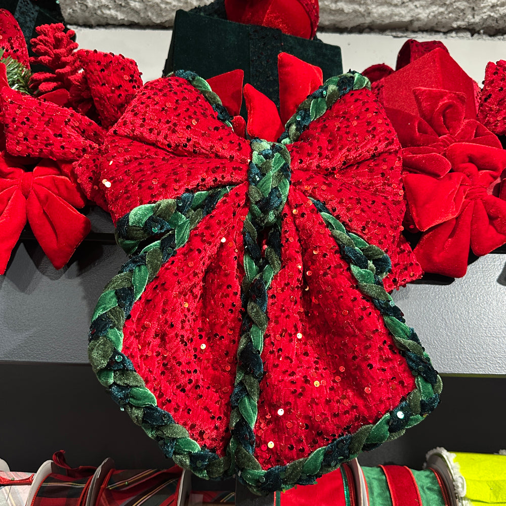 Viv! Christmas Tree Decoration - Velvet Bow w/ Sequins - Red Green - 30 cm