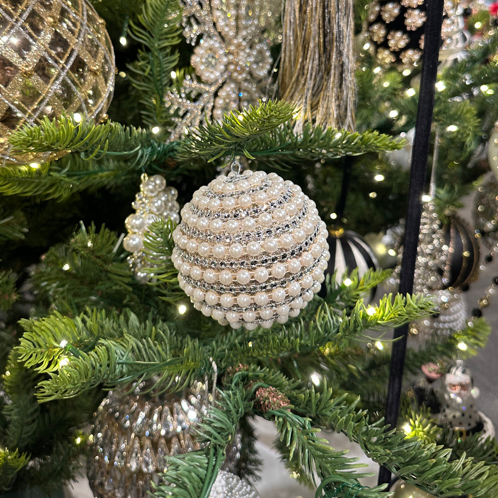 Viv! Christmas Bauble - Pearls & Rhinestones - Set of 2 - White - 10 cm