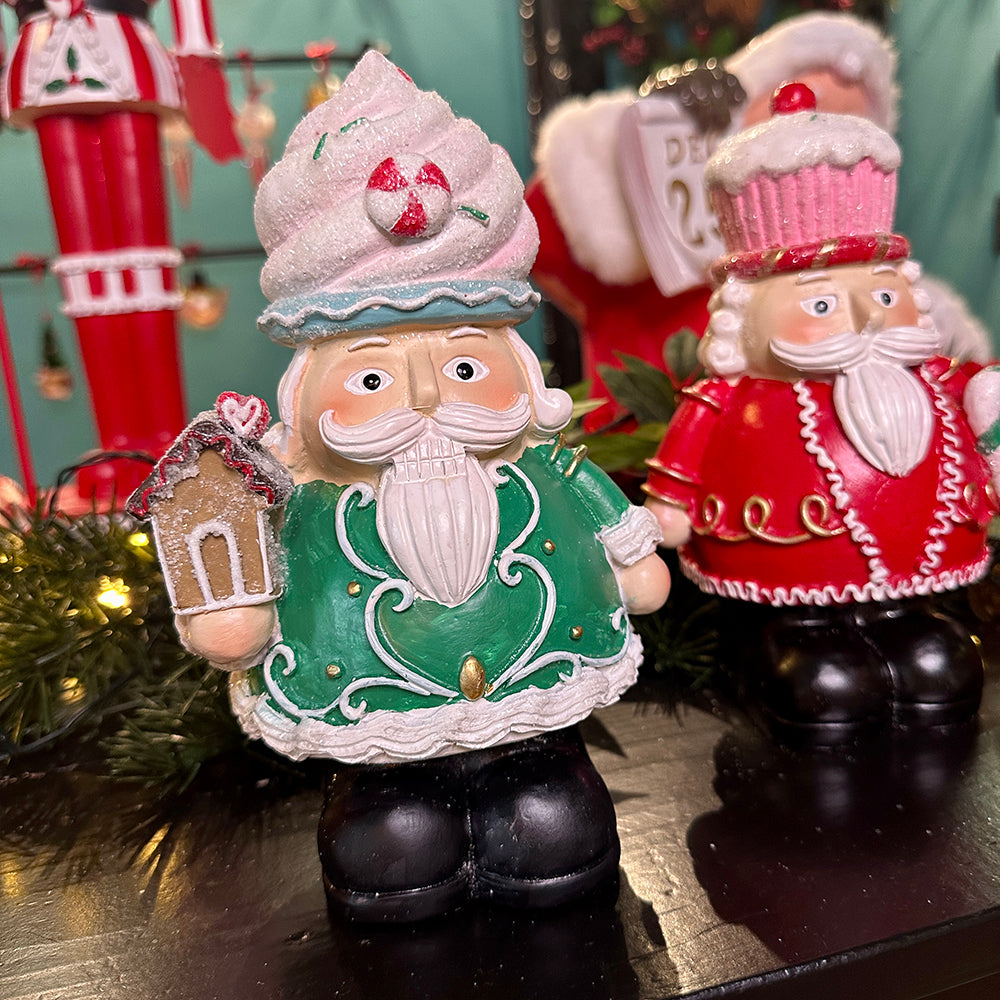 Viv! Christmas Tabletop Figure - Sweets Christmas Nutcracker with Dessert Hat - set of 2 - red green - 21cm