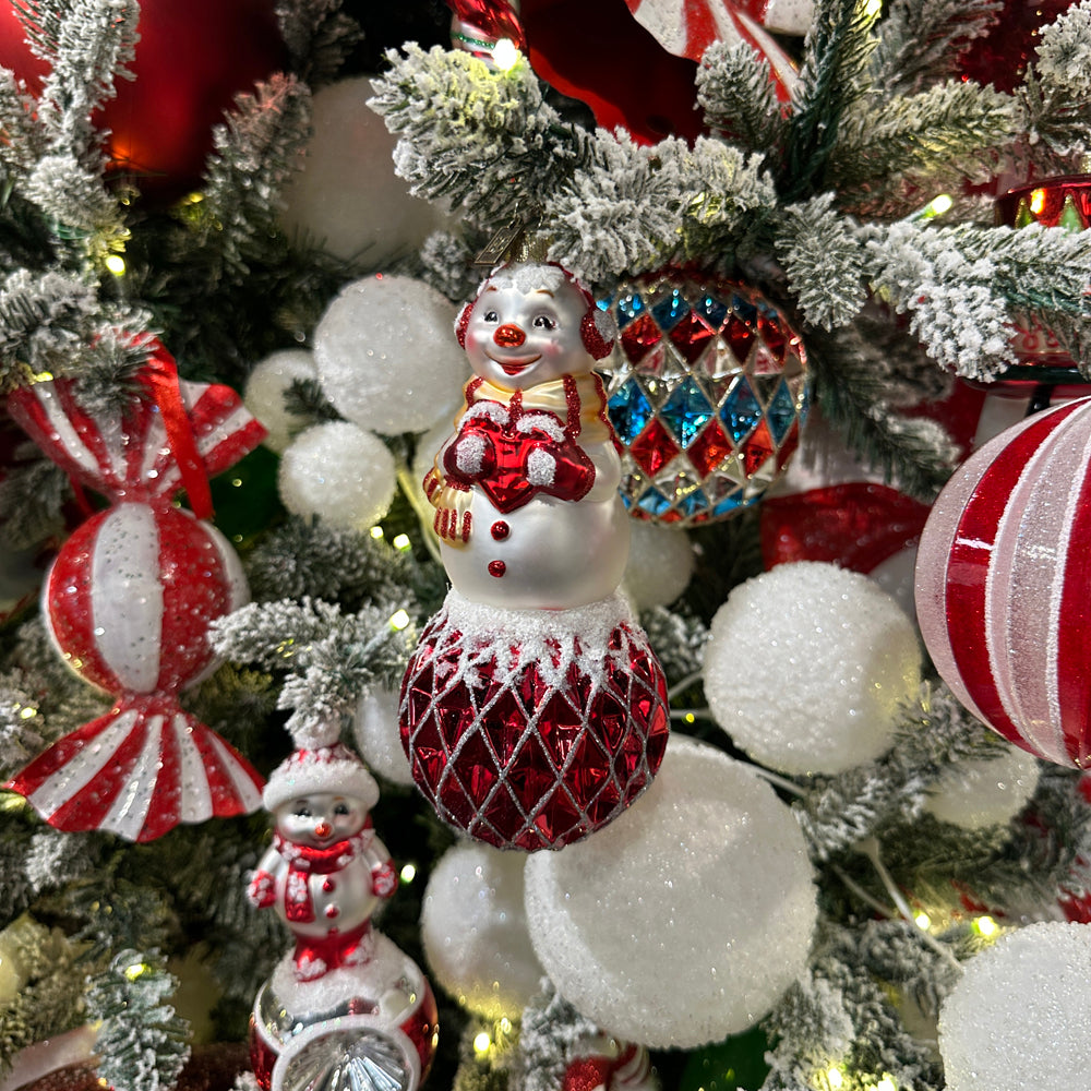 Viv! Christmas Weihnachtsanhänger - Schneemann mit Herz - Glas - Rot Weiß - 18 cm