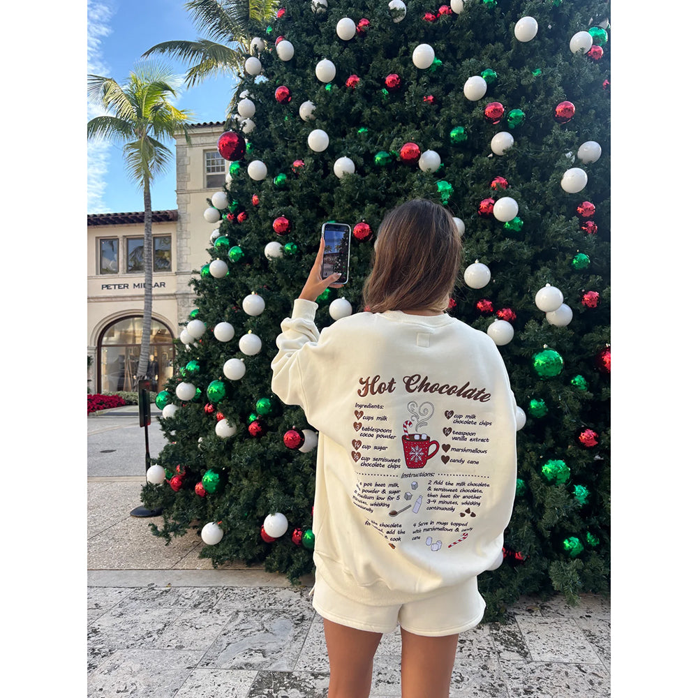 Viv! Christmas Women's Apparel - Hot Chocolate Recipe Embroidered Ivory Sweatshirt