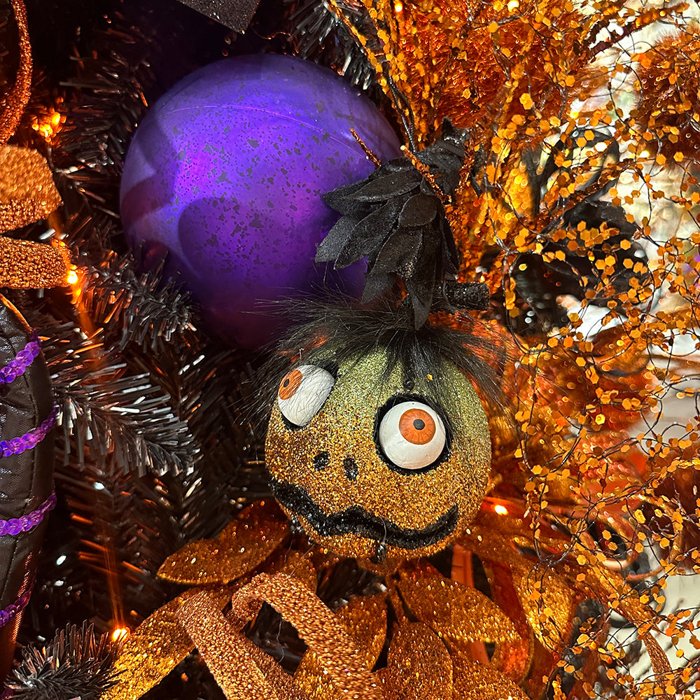 Viv! Christmas Halloween Decor - Glitter Pumpkin with Black Crow Ornament - set of 2 - 20 cm