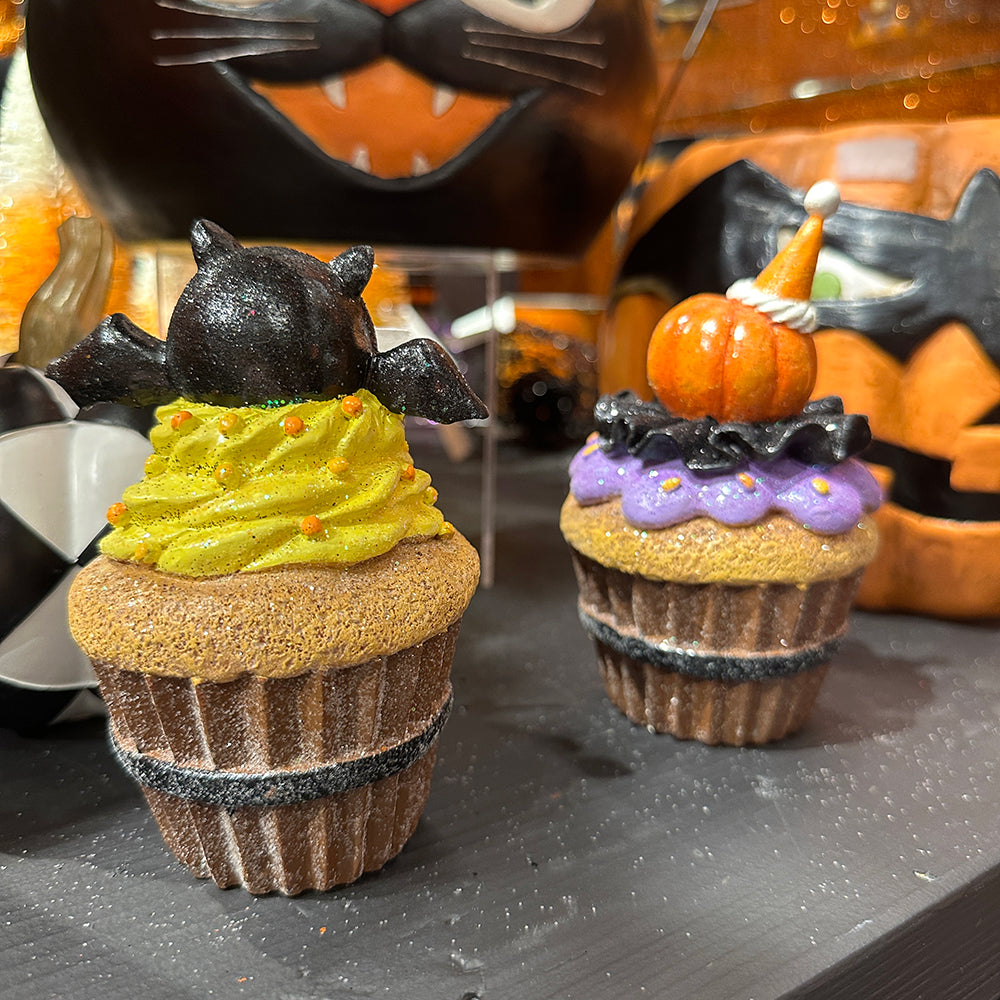 Viv! Christmas Halloween Tabletop Figurine - Bat and Pumpkin Cupcake - set of 2 - 13-14 cm