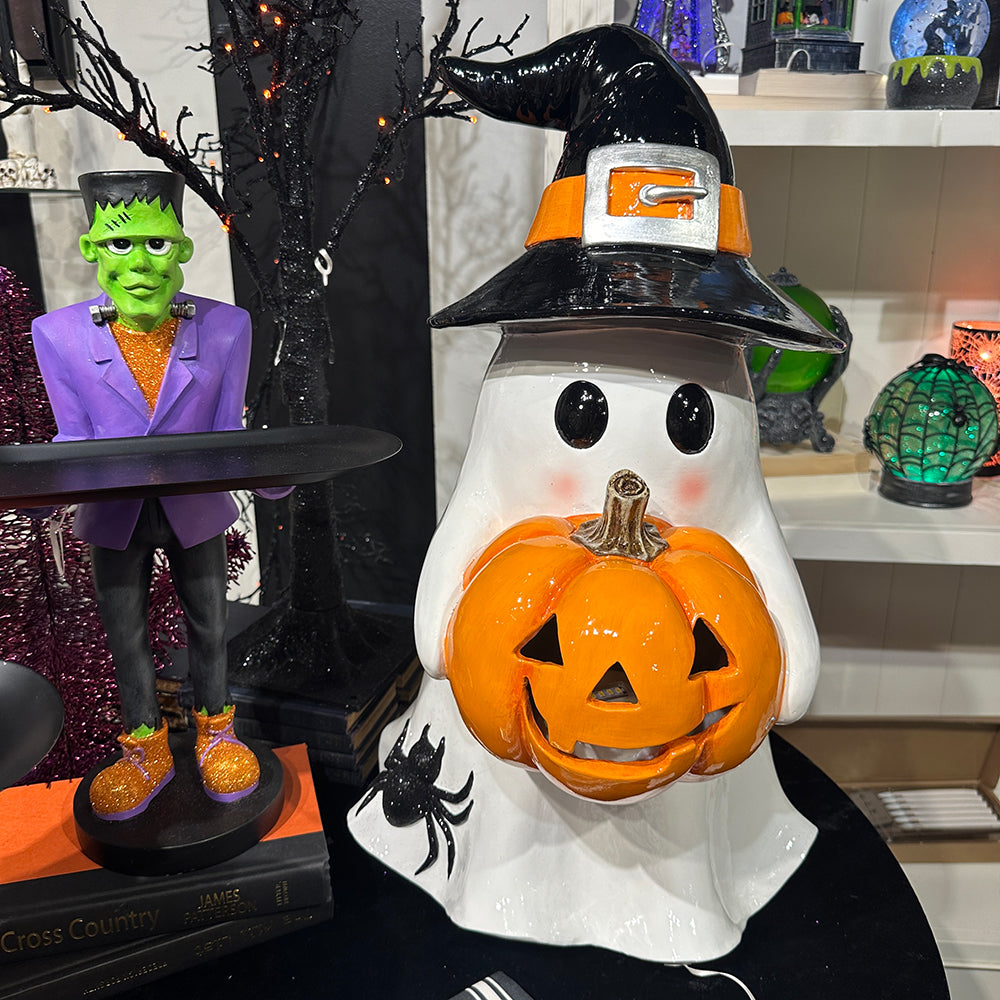 Viv! Christmas Halloween Tabletop Figurine - XL Ghost with Illuminated LED Pumpkin - 61 cm