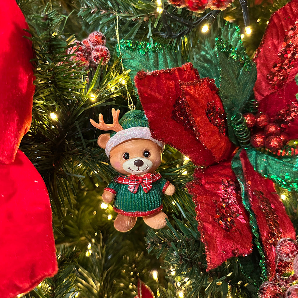 Kurt S. Adler Weihnachtsanhänger - Teddybären mit Rentiergeweih und Süßigkeiten - 3er-Set - Rot Grün - 10 cm