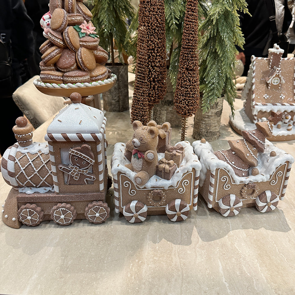 Viv! Christmas Tabletop Figure - XL Gingerbread Train with Teddy Bear - Brown Red - 62 cm