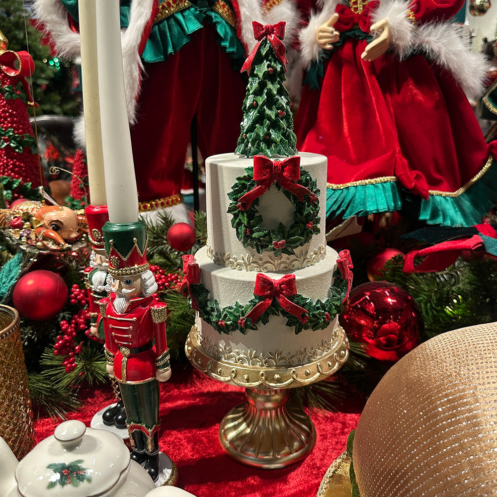 Goodwill M&G Christmas Tabletop Figure - Cake w/ Tree on Gold Pedestal - White Red Green - 41 cm