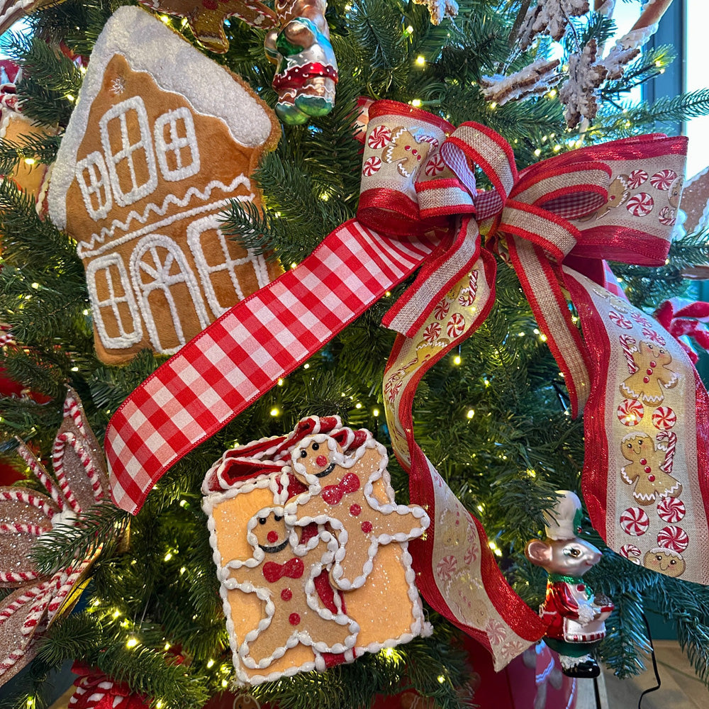Viv! Christmas Ribbon with Iron Wire - Gingham & Jute Ribbon - Red, White, Brown - 2.5cm x 9.1m