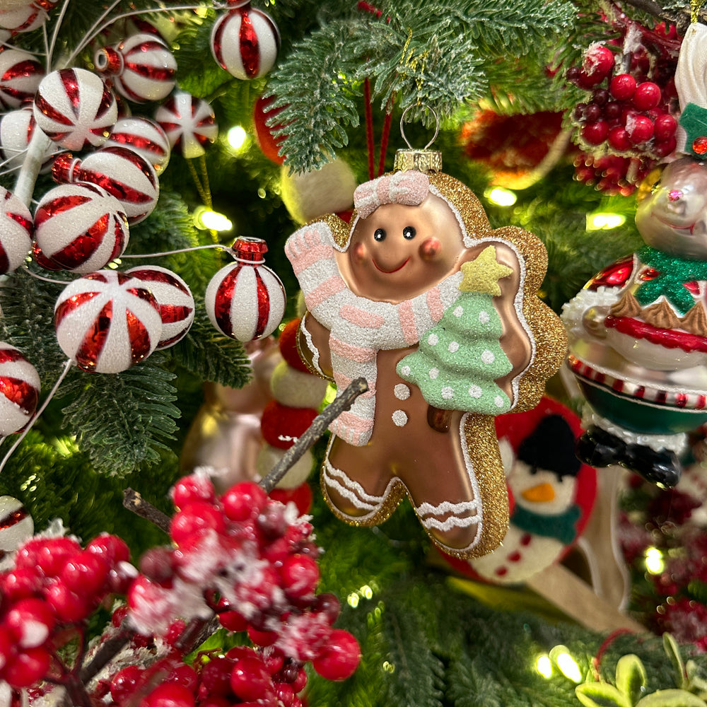 Viv! Christmas Kerstornament - Gingerbread Poppetjes - set van 2 - glas - bruin roze - 13cm